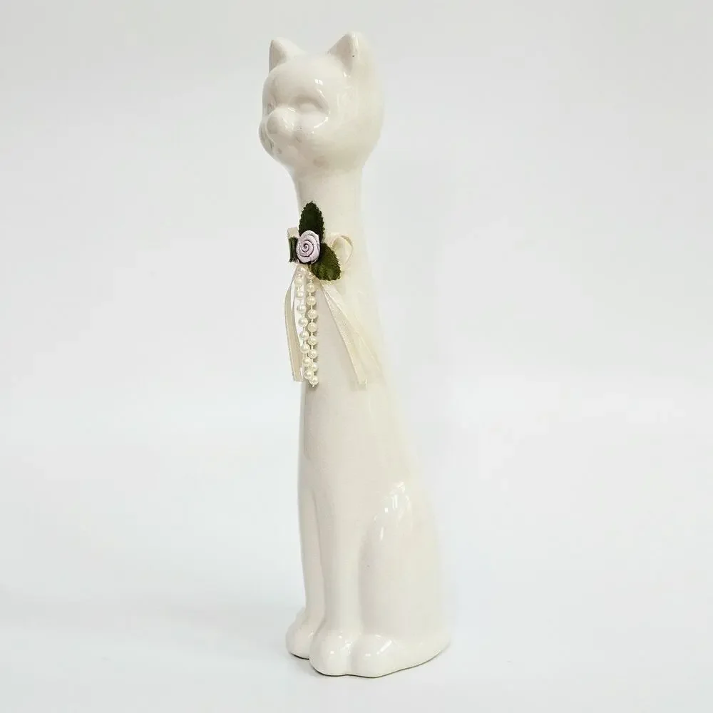 Vintage White Ceramic Cat Figurine | 10 Inch Tall Mid Century Modern Statue